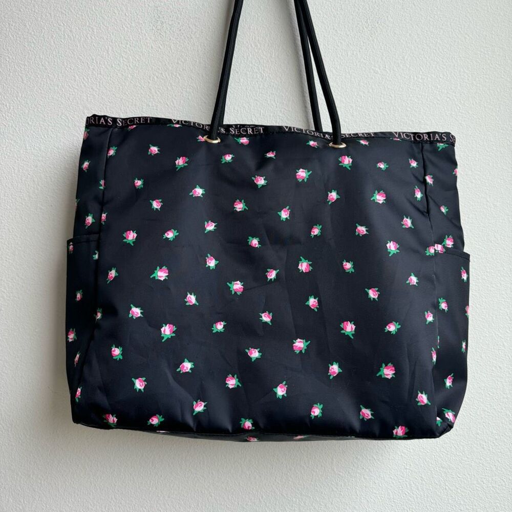Victoria’s Secret Reversible Pink Black Stripe Floral Large Weekender Carry Tote - Picture 5 of 11